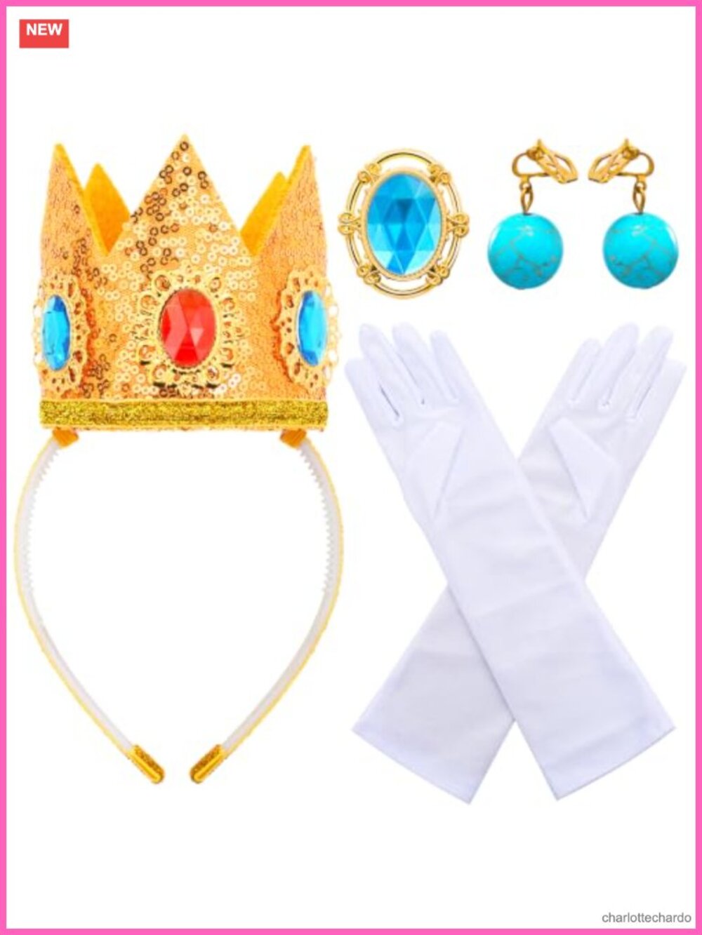Princess Peach Crown Costume Set Felt Satin Gloves Brooch Earrings Girls Dress